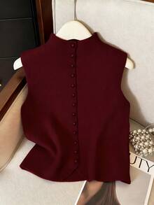 Franclia Casual Loose Turtleneck Sleeveless Knitted Button Design Red Women's Sweater Top, Spring/Autumn - Burgundy - View 1