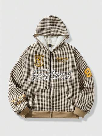 Street Life Sudadera con capucha con cremallera, estilo universitario casual de moda callejera con estampado de letras y cuadros, para otoño/invierno