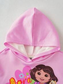 DORA | SHEIN sweat-shirt à capuche ample avec imprimé floral mignon de Dora et de singe pour jeunes filles, avec blocs de couleurs contrastées rayées arc-en-ciel, automne/hiver