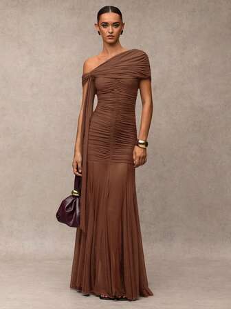 SHEIN BAE Women's Solid Color Ruched Asymmetric Elegant Long Dress,Wedding Guest Dress Women