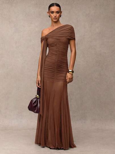 SHEIN BAE Women's Solid Color Ruched Asymmetric Elegant Long Dress,Wedding Guest Dress Women