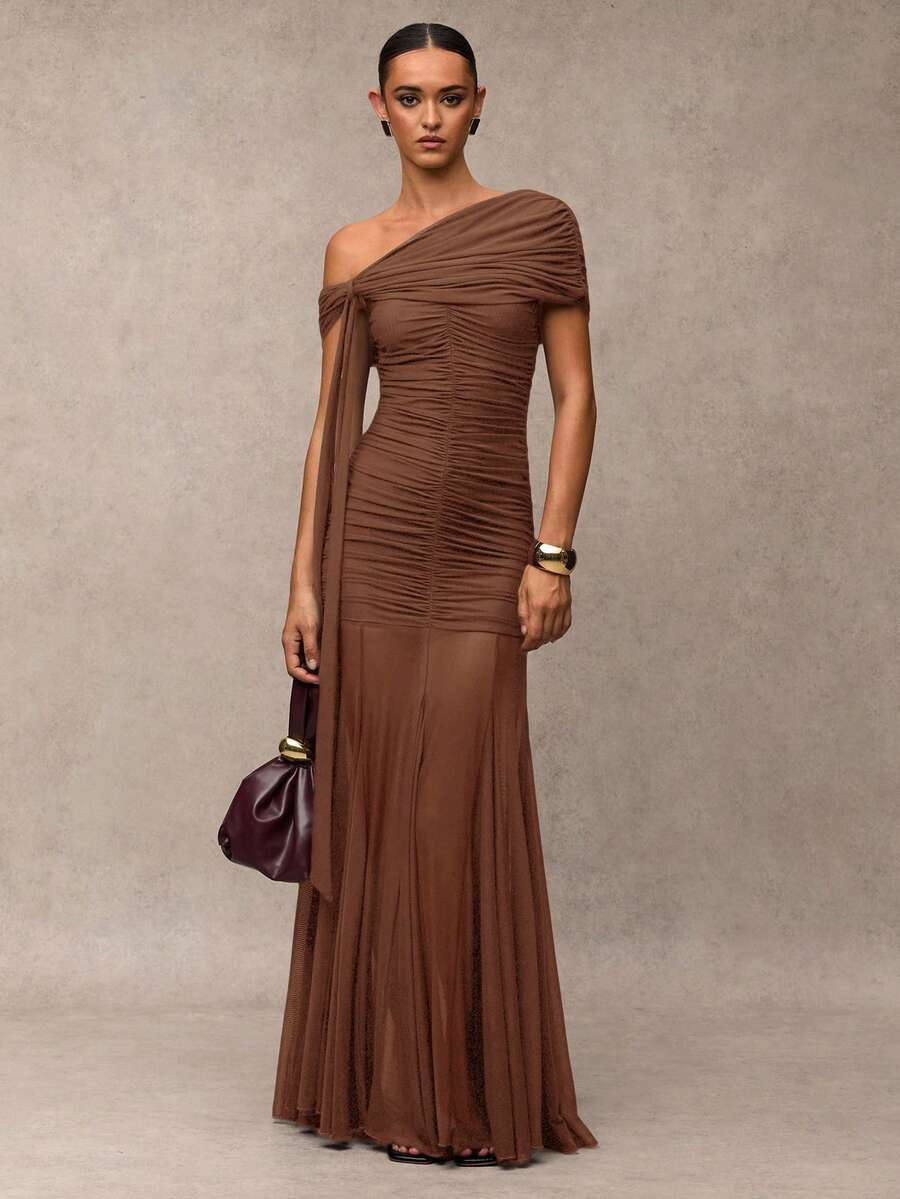 SHEIN BAE 女士纯色褶饰不对称优雅长裙 - 棕色 - 查看 1