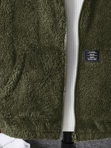 SHEIN 青少年男孩连帽休闲学院风柔软舒适简约百搭毛绒夹克，适合秋冬季，适合日常穿着、户外玩耍、学校、街头风格、派对和居家 - 軍綠色 - 查看 7