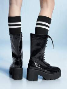 Sugerpunk 女士时尚黑色厚底摩托车中筒靴，街头风格 - 黑色 - 查看 10