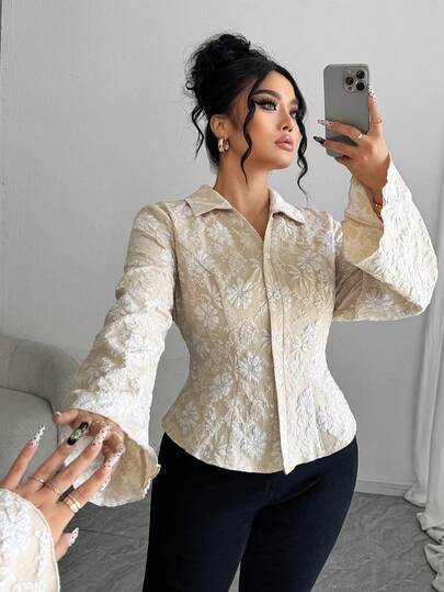 Elenzga 大码女式优雅提花腰部修身夸张袖口衬衫