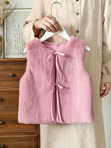 Vintaside Kids Young Girls Plush Soft Jacket, Removable Decorative 3D Bow Vest Design, Fashion Countryside Style, Cute Pink, Versatile All-Match Elegant Lady Jacket Vest