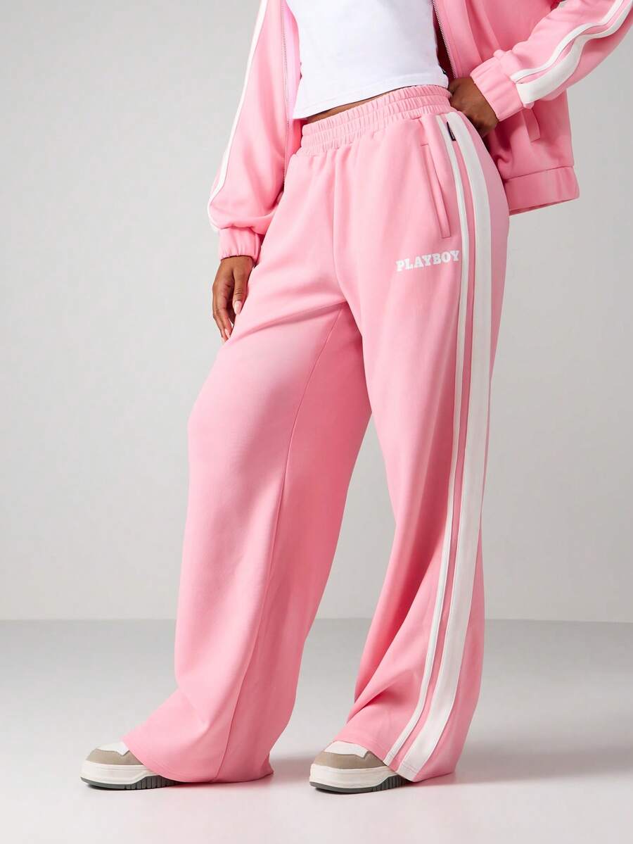 Missguided x Playboy Oversized Wide Leg Jogger Sweatpants With Side Stripe Detail For Casual Loungewear