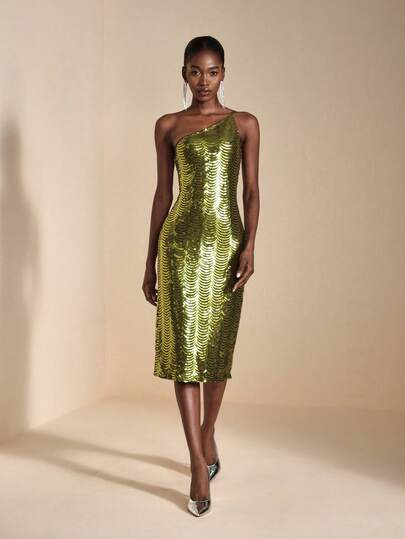 JIAN LASALA Abito midi aderente senza maniche con paillettes asimmetriche a onda, con spacco, elegante per feste per donne