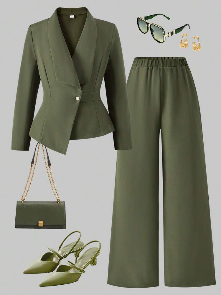 SHEIN بدلة رسمية مكونة من بليزر ضيق وبنطلون أخضر زيتوني مناسبة للفتيات المراهقات، أناقة المسافر - اخضر زيتون - مشاهدة 9