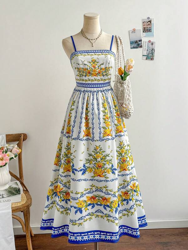 Soleia Women's Blue & Yellow Tropical Floral Print Waist Cinched A-Line Midi Dress, Vacation