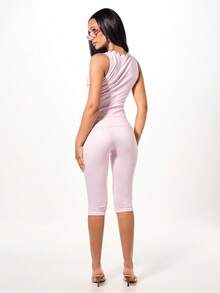 SUMWON WOMEN Gothic Rhinestone Cross Tank Top And High Waist Capri Pants Two Piece Set With Metal Button Details - Pink - View 2