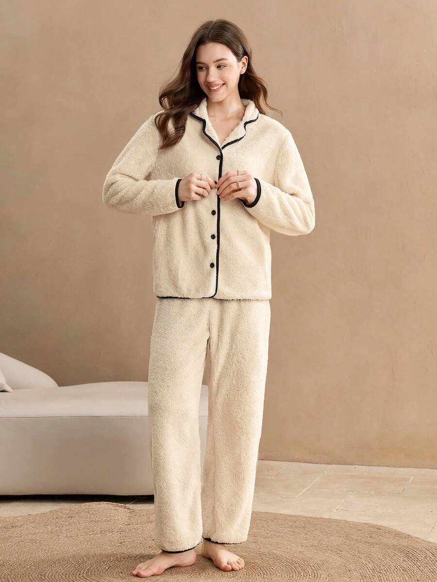 Old Money 女士撞色滚边前扣长袖上衣和裤子蓬松舒适睡衣套装，长发公主风，毛茸茸保暖，秋冬服装 - 杏色 - 查看 1