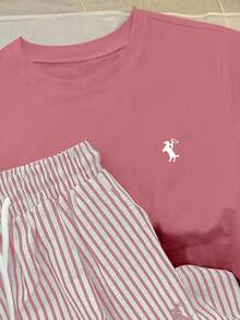 INAWLY طقم تي شيرت أكمام قصيرة لون سادة وبنطال مخطط للصيف الكاجوال - وردي - مشاهدة 3