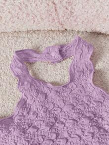 Baby Girl Casual Solid Color Textured Elastic Halter-Neck Top And Elasticated Waist Shorts Set - Mauve Purple - View 3