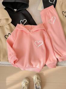 6pcs/Set Baby Girl Cute Solid Color Heart Pattern Hoodie Sweatshirt & Elastic Waist Pants, Autumn/Winter Fall - Multicolor - View 4
