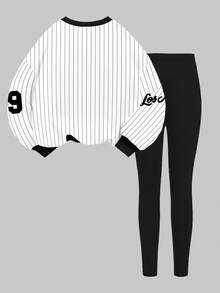 Slaydiva 2pcs/Set Casual Loose Fit Round Neck Striped Sweatshirt With Graphic Print And Matching Skinny Pants, Comfortable For Autumn/Winter - Multicolor - View 2