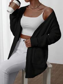 EMERY ROSE 女式纯色 V 领口袋不对称开衫 - 黑色 - 查看 4