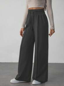 SHEIN Tall Solid Drawstring Waist Wide Leg Sweatpants - Dark Grey - View 1