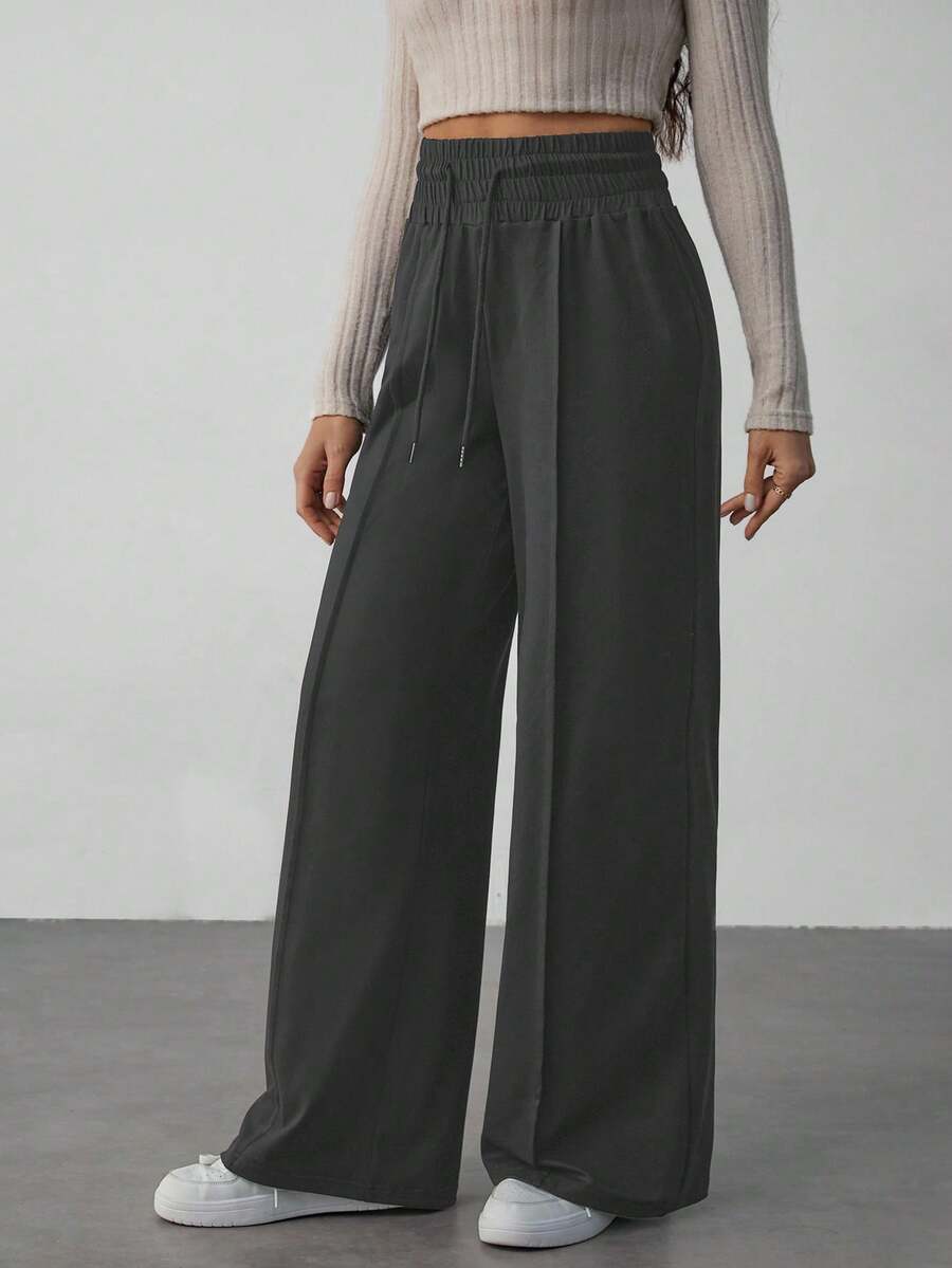SHEIN Tall Solid Drawstring Waist Wide Leg Sweatpants - Dark Grey - View 1