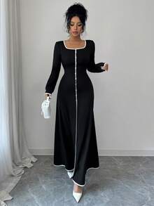 Elenzga Vestido casual elegante de mujer con cuello cuadrado, mangas raglán, cintura recogida y abotonadura decorativa en bloques de color, para otoño/invierno - Negro - Ver 6