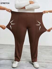 SHEIN CURVE+ Curve Plus High Waist Black Straight Leg Pants - Brown - View 3