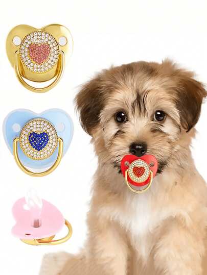 带水钻的宠物奶嘴咀嚼玩具，可爱的心形硅胶牙胶，适用于狗和猫，有趣的无聊缓解和拍照道具