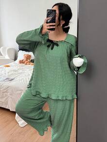 Dream Adore Ensemble pyjama femme casual avec Top à manches longues col rond, volants, nœud papillon et contraste de couleurs, et pantalon. grande taille, vêtements d'hiver - Vert - Voir 4