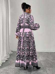 Elenzga Váy xòe dài xếp ly cỡ lớn dành cho nữ, màu đen và mơ, cổ tròn, thắt eo, thon gọn, tay dài, thanh lịch cho tiệc trà chiều và đi chơi, váy dài họa tiết Paisley - Màu Hồng baby - Xem 2