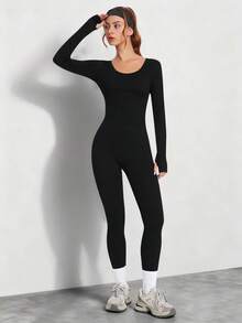 Dewbera 1 buah Jumpsuit/Romper Tanpa Jahitan Warna Hitam Dasar dengan Desain Bergaris, Menyerap Keringat, Cocok untuk Olahraga, Kebugaran, dan Yoga - Hitam - View 5