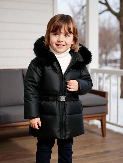 少女冬季休闲拼布人造毛皮连帽夹棉大衣（配腰带）