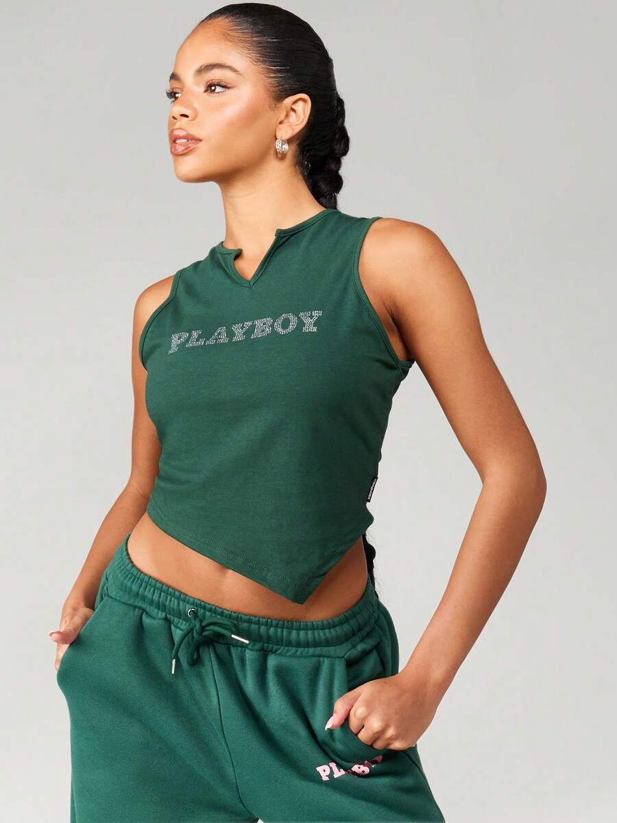 Missguided x Playboy 奢华水晶镶嵌兔子标志无袖短款上衣时尚个性单品迷人晚会修身背心 - 綠色 - 查看 1