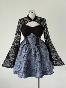 Sunspun 优雅朋克复古蕾丝花边吊带背心 + 披肩旗袍套装，A 字及膝，加大码，适合秋季、冬季和春季 - 彩色 - 查看 8