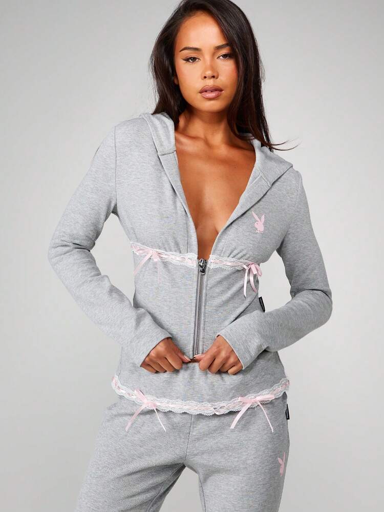 Missguided x Playboy Ribbed Hooded Zip Through Top With Lace Trim Detail For Casual Everyday Comfort