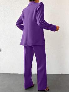 EURMUSE Bộ vest nữ gồm áo blazer tay dài cài khuy đơn màu và quần ống đứng có đường may phía trước - Màu Lilac Tím - Xem 4