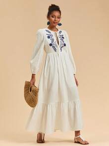 Travachic 女士度假纯色梭织刺绣荷叶边下摆长袖修身连衣裙 - 白色 - 查看 4