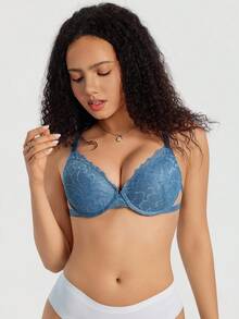 SHEIN Women's Comfortable Lace Underwire Bra, Blue - Blue - View 4