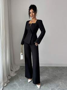 SHEIN PETITE 小巧优雅女士方领长袖口袋双排扣西装外套和直筒裤两件套，适合秋季、感恩节、办公穿着 - 黑色 - 查看 6