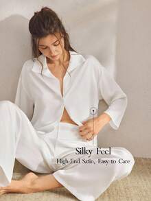 Ocili 女士丝滑缎面宽松七分袖睡衣套装，秋季服装 - 白色 - 查看 1