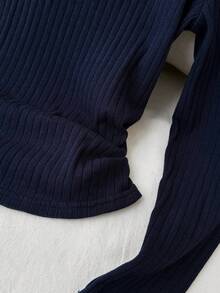 SHEIN 青少年女孩纯色罗纹针织弹力修身休闲简约舒适圆领长袖T恤 - 藏蓝色 - 查看 3