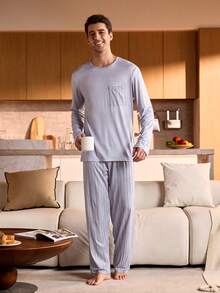 Manfinity Underwear&Sleepwear Basics 男士长袖上衣和条纹裤睡衣套装 秋冬服装 - 淡紫色 - 查看 4