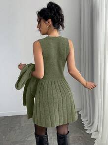 Elenzga Conjunto de 2 piezas de mujer con cárdigan de botones de unicolor elegante y vestido de suéter para otoño/invierno - Verde - Ver 2