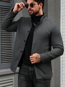Manfinity Homme 男士休闲立领灰色羊毛大衣，秋冬 - 灰色 - 查看 6