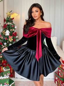 Chiquease Women's Color-Blocked Velvet Bow-Tie Off-Shoulder Hollowed-Out Short Dress,Elegant Black Autumn Banquet Christmas Clothing,Elegant Night Out Dress - Red and Black - View 5