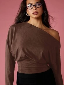 MISSGUIDED 露肩长袖套头毛衣，配有合身腰带，适合秋冬休闲穿着 - 摩卡棕 - 查看 5