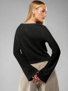 MISSGUIDED Ribbed Long Sleeve Knit Top Boat Neck Pullover Sweater Fall Winter Casual Basic - Black - View 2