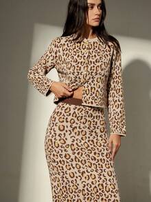 Aveloria Modichic Vintage Leopard Print Cardigan With Skirt 2 Pieces Knit Set - Multicolor - View 4