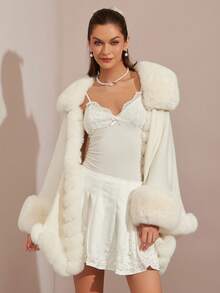 Enchnt معطف بونشو فضفاض مزين بفرو اصطناعي للنساء، لون أحادي، موضة، خريف/شتاء - أبيض - مشاهدة 3