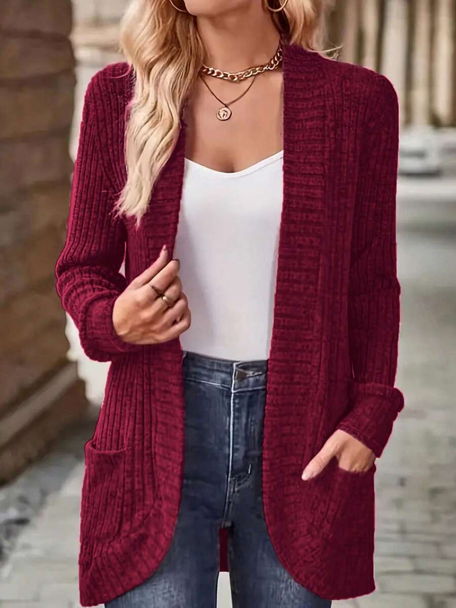 EMERY ROSE Women's Casual Ribbed Brushed Open Front Side Pocket Shorts Jacket, Lightweight - Burgundy - View 1