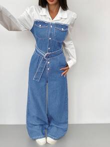 Siren Gaze Quần yếm denim và áo liền quần dài tay ôm sát thoải mái dành cho nữ - Rửa nhẹ - Xem 4