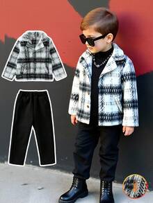 Souflis Souflis Young Boy's Fashion Casual Plaid Woolen Suit Jacket And Black Relaxed Fit Pants Set, Elegant Tailoring With Stylish Large Plaid Woolen Fabric